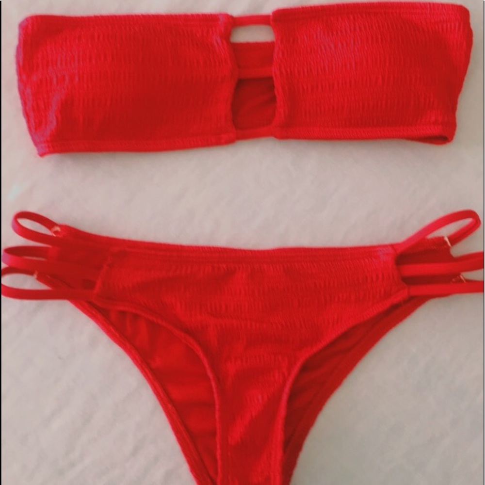 red strapless bikini